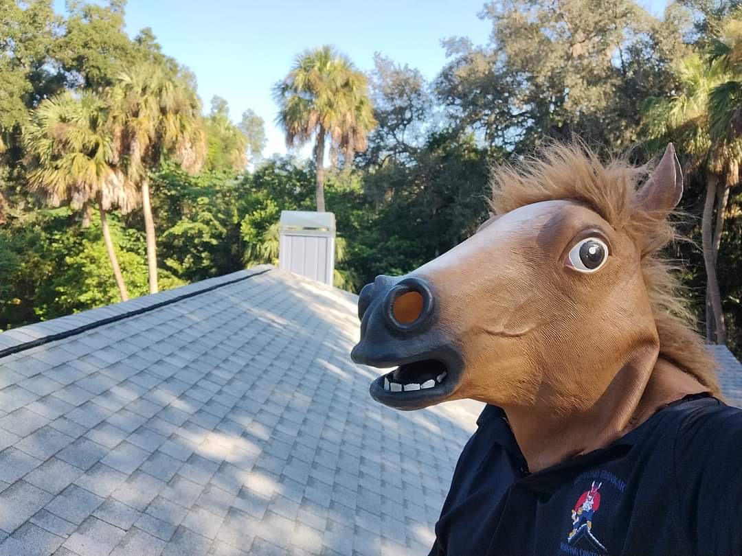 Raymond Frankart Roofing crew member in horse mask on a Florida shingle roof