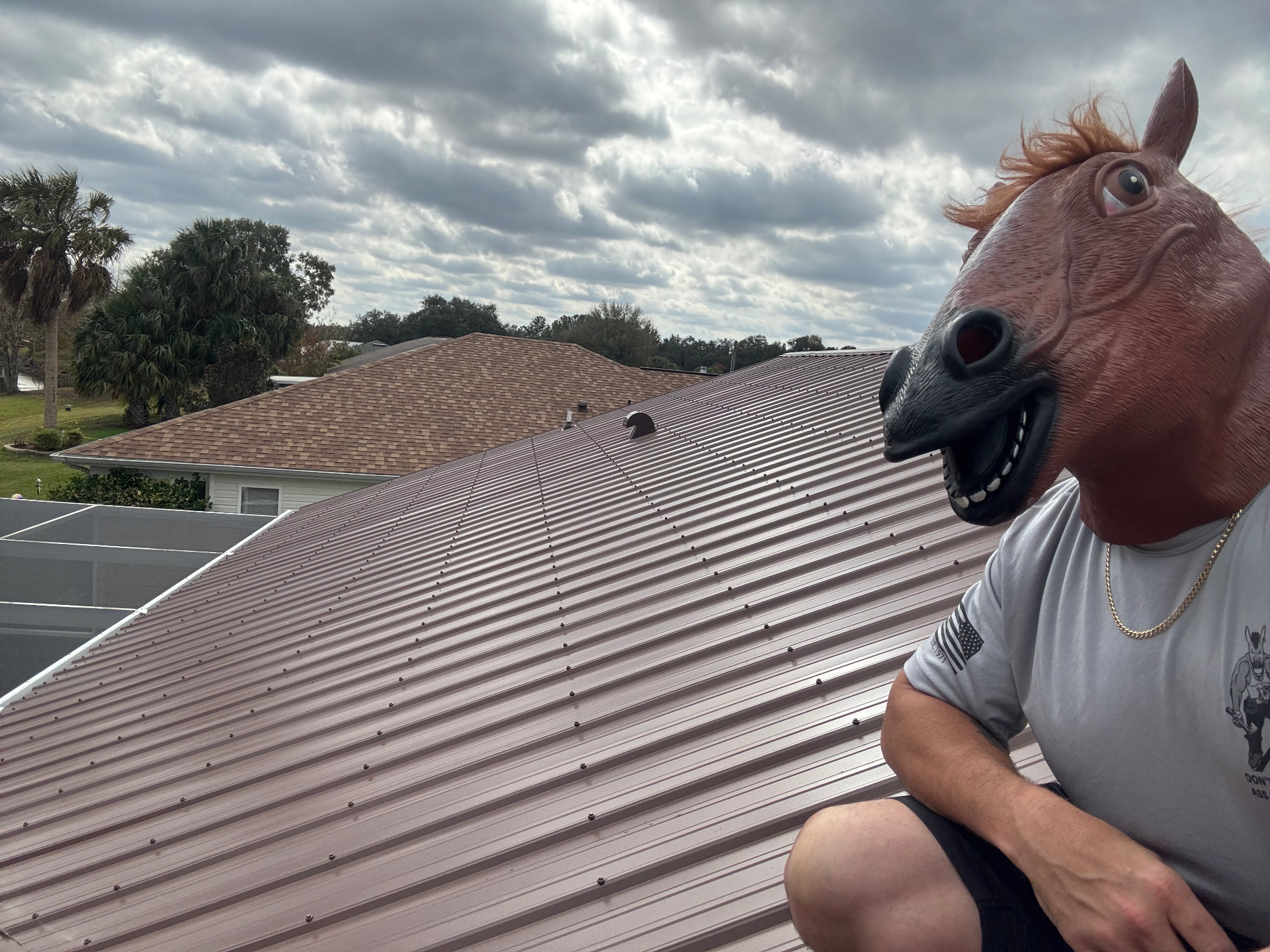 Crew member in horse mask crouched on completed mauve standing seam metal roof in Citrus County, FL